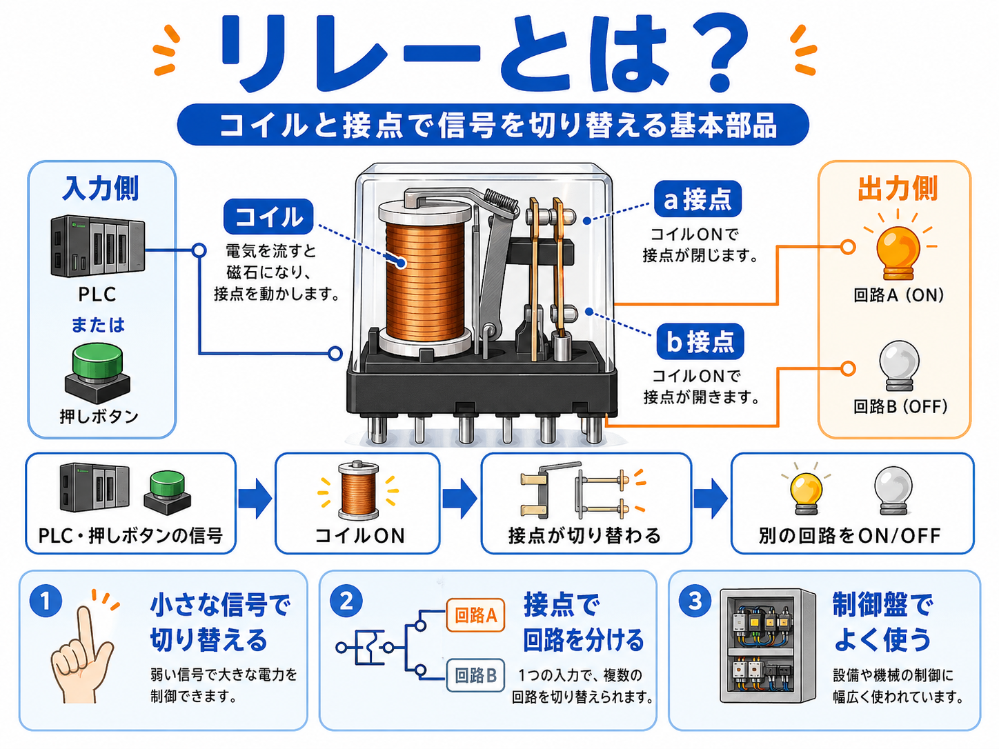 リレーとは何かを示すコイル・a接点・b接点の図解